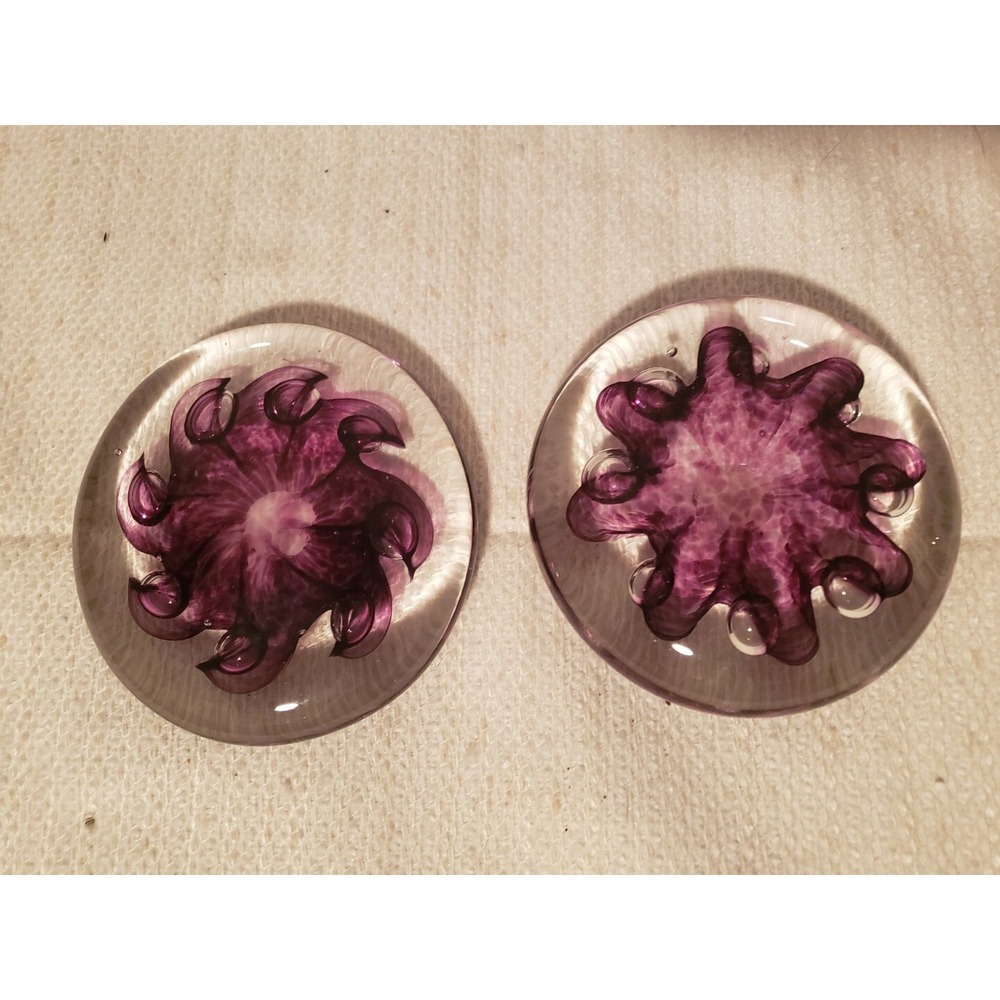 Lot Of 2 Gorgeous Murano Style Purple & Clear Bubble Paper Weights, Sea-life
